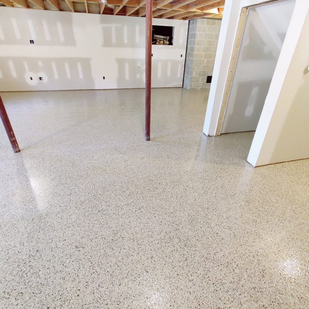 Kittery Epoxy Flooring: Transform with Style and Durability Finished basement with polyaspartic top coat_-min