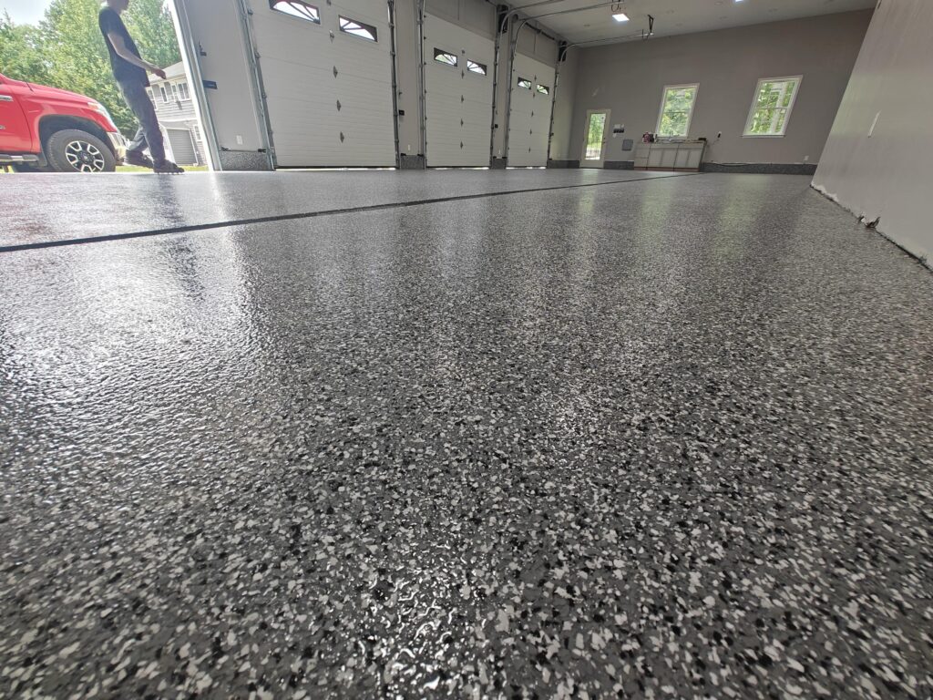 Epoxy Concrete Coating 2160 sq ft of wombat flake in Standish, ME-min