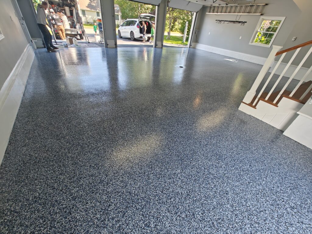 Garage Concrete Flooring 950 sq of comet flake in Biddeford, Maine-min
